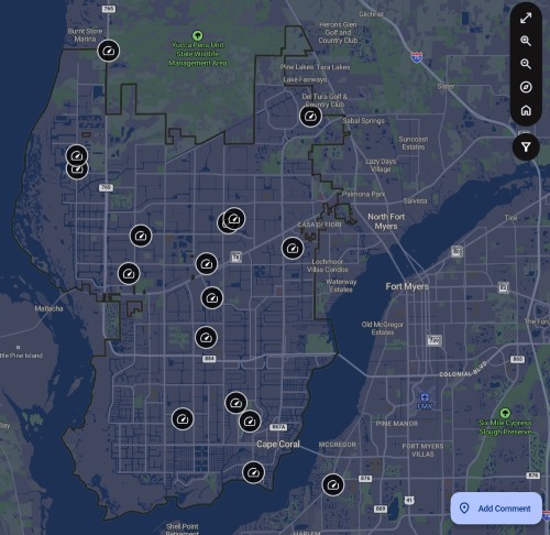 Map of cape coral with icons indicating locations of speed study reports